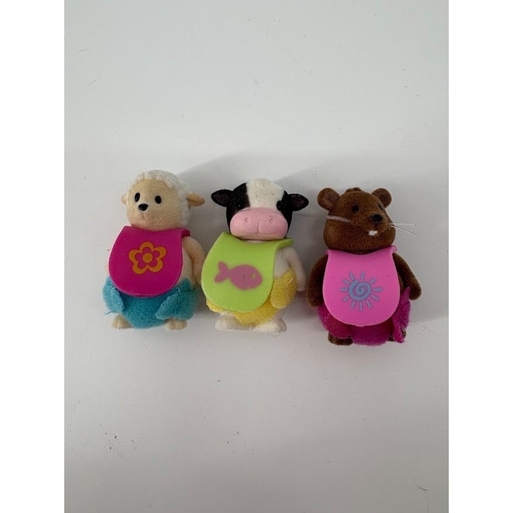 Li'l Woodzeez lot of 3 Baby Aminals with Bibs Sheep, Cow, Chipmunk